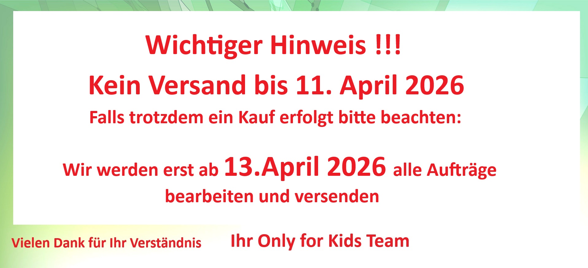 Kein Versand bis 11. April 2026