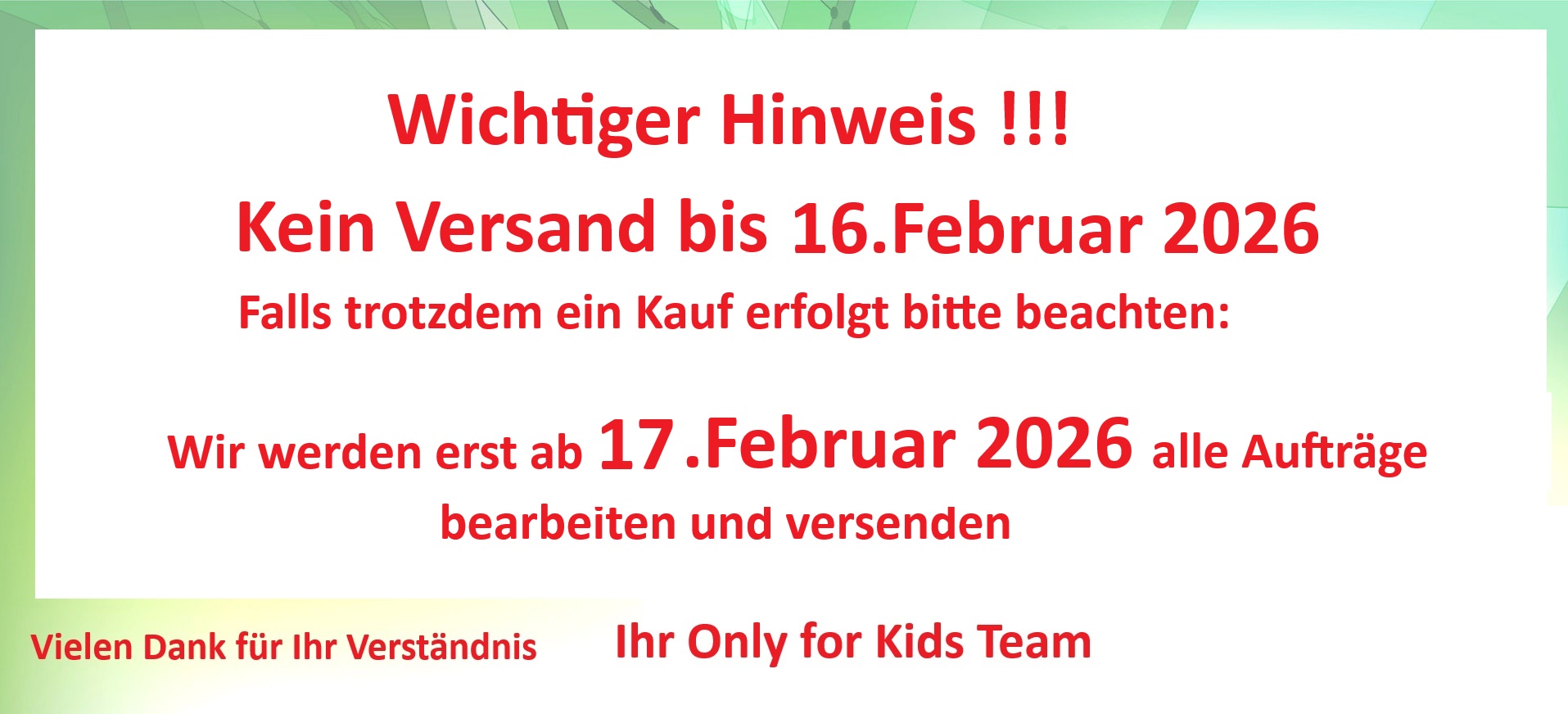 Kein Versand bis 16. Februar 2026
