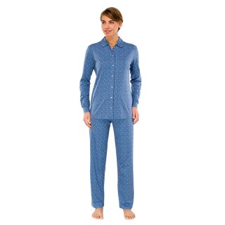 Schiesser Damen Schlafanzug lang Durchgeknöpft Interlock Jersey blau-44
