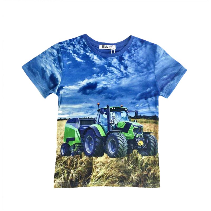 S&C Jungen Langarmshirt Traktor Longsleeve Trecker Fotodruck Farmer Landwirt H-159 blau 